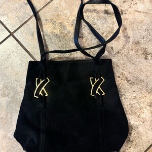 Vintage Paloma Picasso black suede tote bag with golden logo motifs. Italian